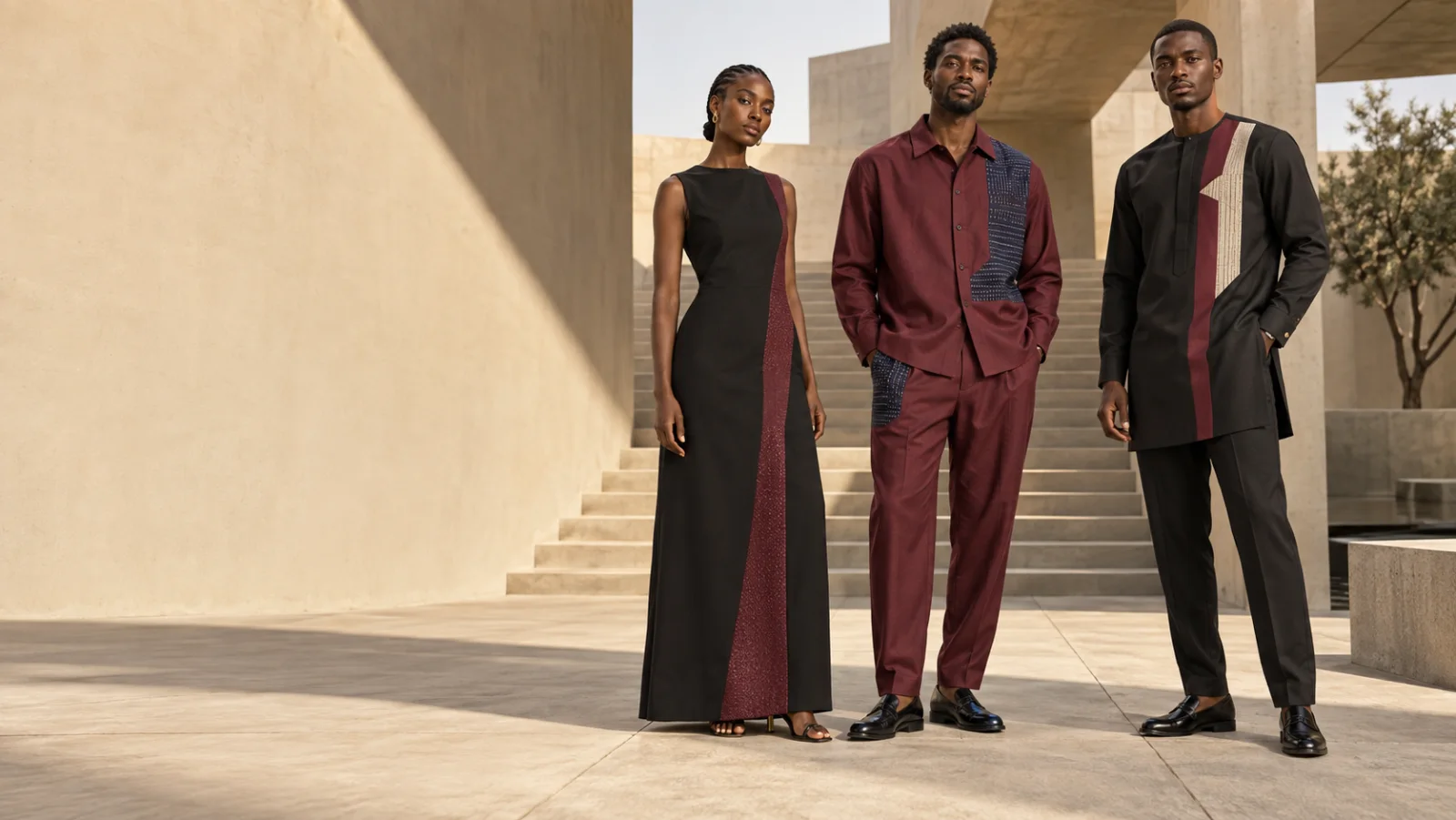 LATOS ready-to-wear campaign showing models in burgundy, black and cream looks